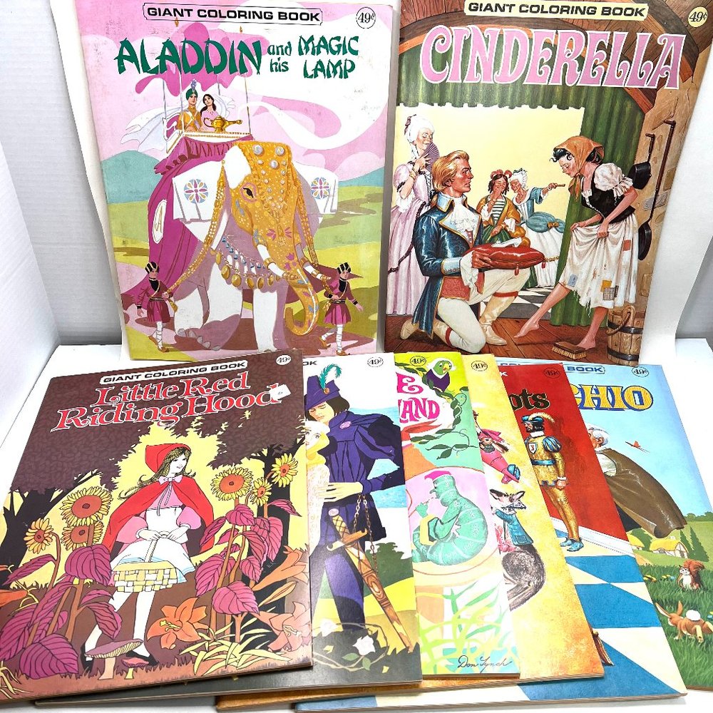 8 Vintage Playmore Giant Coloring Books Aladdin Cinderella Puss in Boots